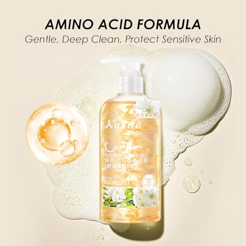 KUSTIE Jasmine Body Wash, Moisturizing Shower Gel with Real Jasmine Petals, Botanical Oils & Niacinamide, Rich Lather, Luxury Shower Gel for Women & Men, Long-Lasting Natural Fragrance, 24.3 oz